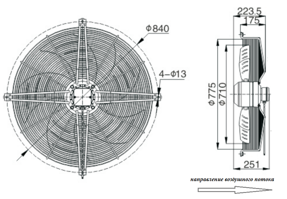 Габариты вытяжного осевого промышленного вентилятора Wa-Co серии AWFS 710-4D с защитной решеткой 
